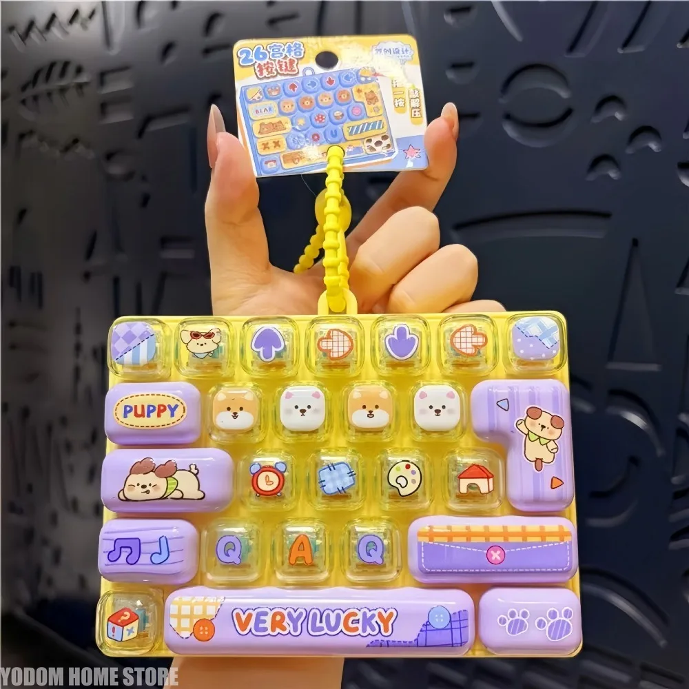 26-Key Decompression Button Toy Squeeze Keyboard Keychain Stress Relief Clicker Keyring Cartoon Animals Keyboard Keychains Gifts