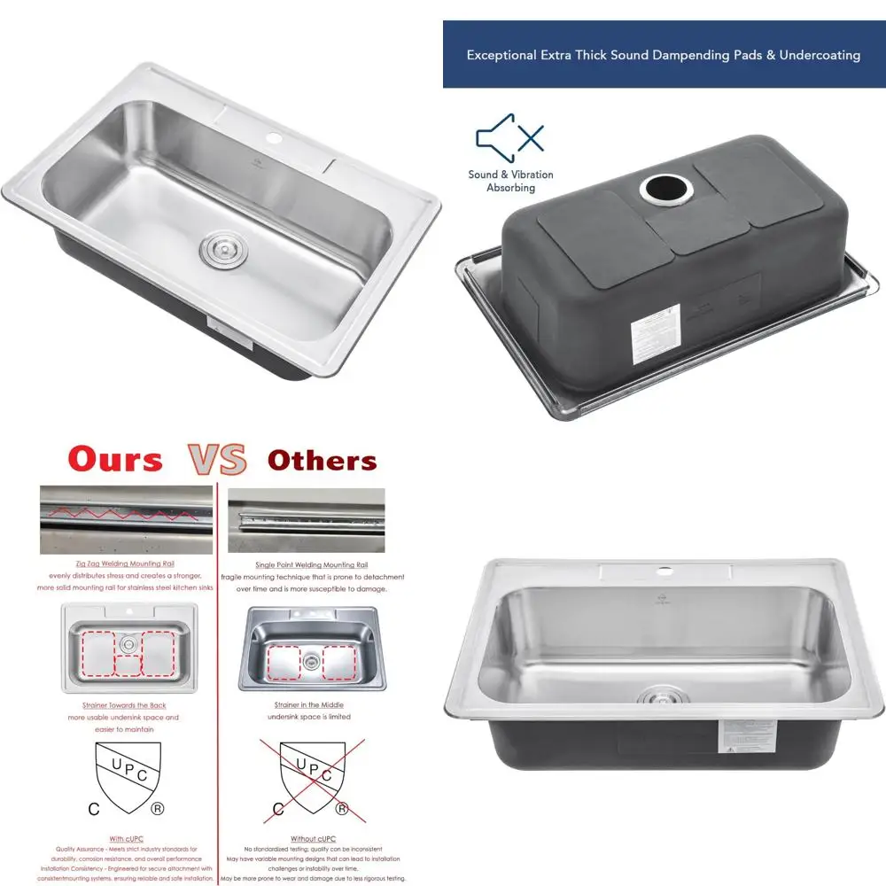 스테인리스 스틸 33인치 싱글 볼 주방 싱크대 (수전 구멍 포함) - 18게이지 탑마운트 드롭인 싱크대 (가정용 조리 공간)