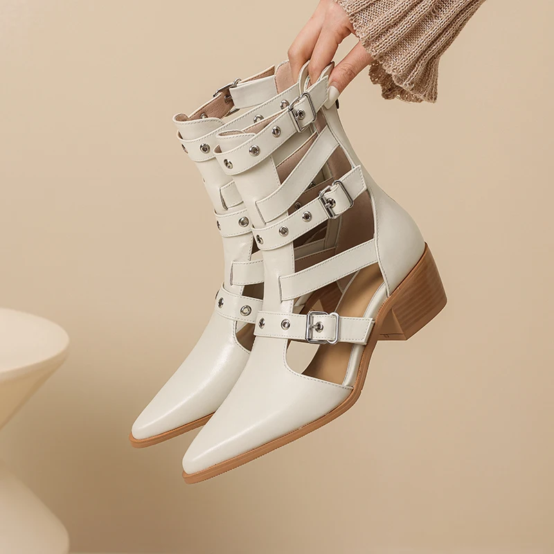 

Genuine Leather Cowhide Heels Gladiator Women's Sandals, Hollow Summer Ankle Boots,Belt Buckle Chunky Heels Womens Shoes