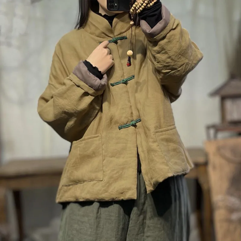 

Новая китайская однотонная куртка Ramie на пуговицах, свободная короткая куртка на хлопковой подкладке, женское осенне-зимнее легкое пуховое хлопковое пальто в стиле ретро