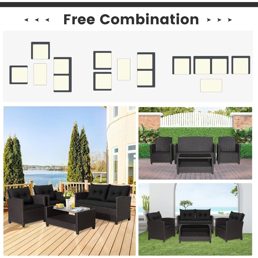 4 Pieces Patio Furniture Set Outdoor PE Rattan Conversation Sets with 2-Tier Coffee Table, Patio Furniture Set