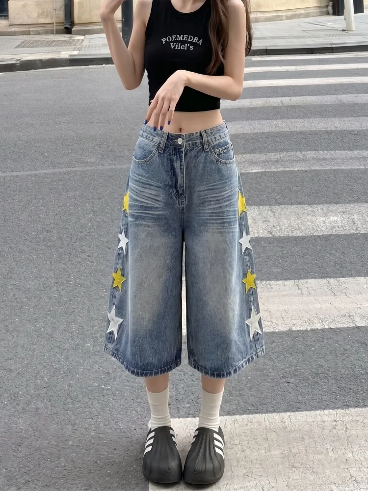 Pantalones cortos de mezclilla de talla grande estilo americano para mujer, de verano, sueltos, de cintura alta, de pierna recta, de pierna ancha, de longitud media.