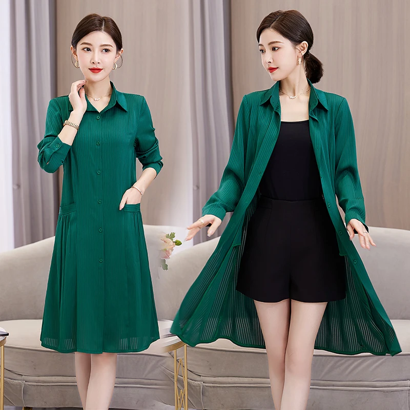 Elegant Women‘s Green Long Shirts Summer Long Sleeve Pocketed Kimono Cardigan Boho Cover-Up Top