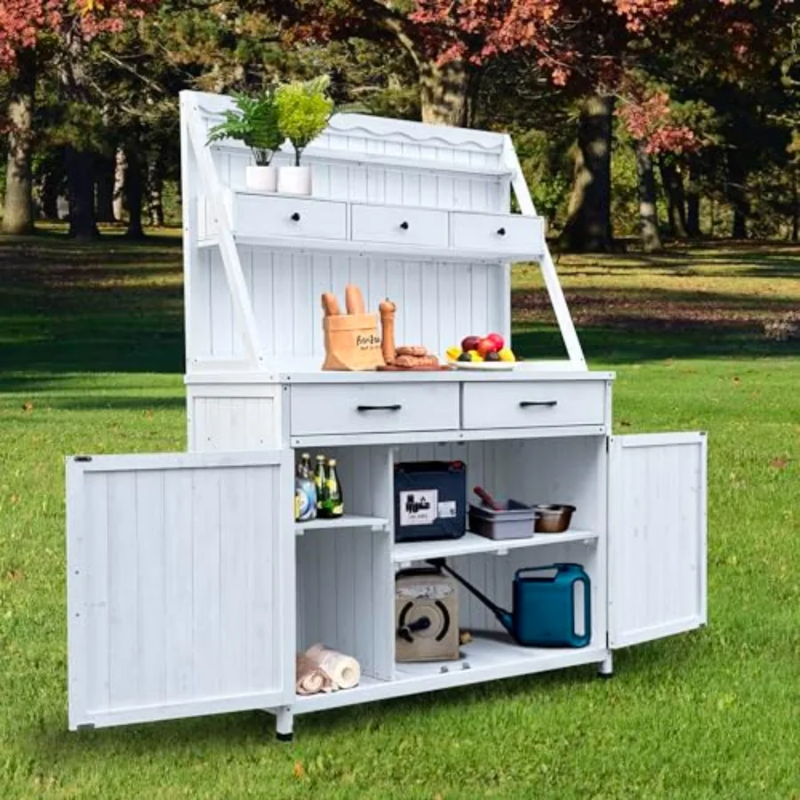Outdoor Potting Bench Table For Garden, Patio, Greenhouse Wooden Construction, Natural Wood Color, With Tabletop Workspace And