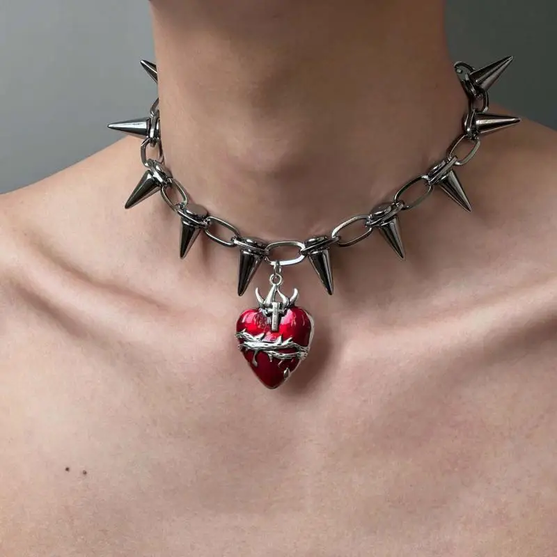 Punk Gothic Thorn Red Heart Pendant Necklace for Men Women Y2K Hip Hop Metal Rivet Spikes Choker Necklace Grunge Jewelry Gifts