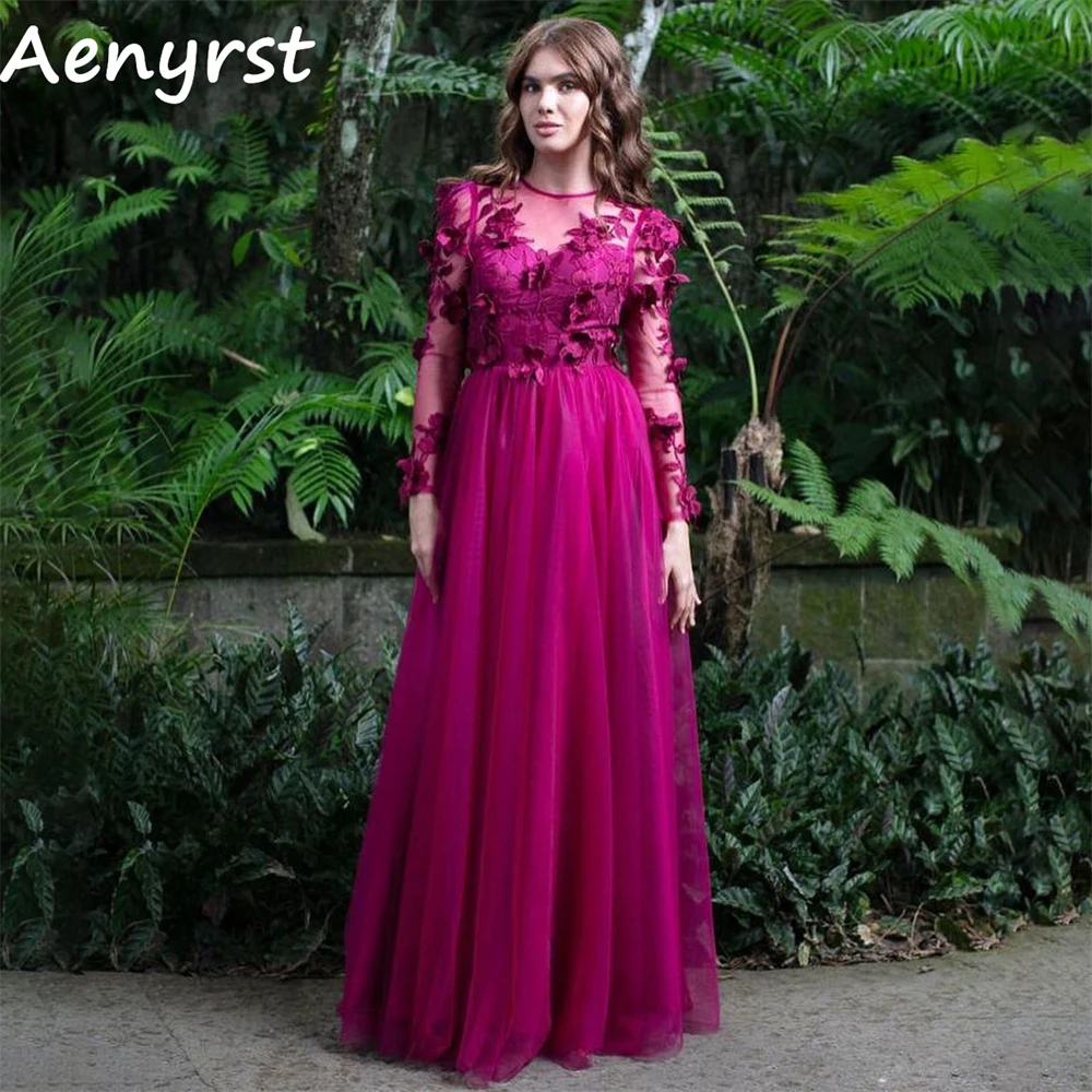 Aenyrst lange Ärmel 3d Applikationen Ballkleider Tüll eine Linie Abendkleider bodenlangen Dinner Party Kleid lila فساتين الس카رة