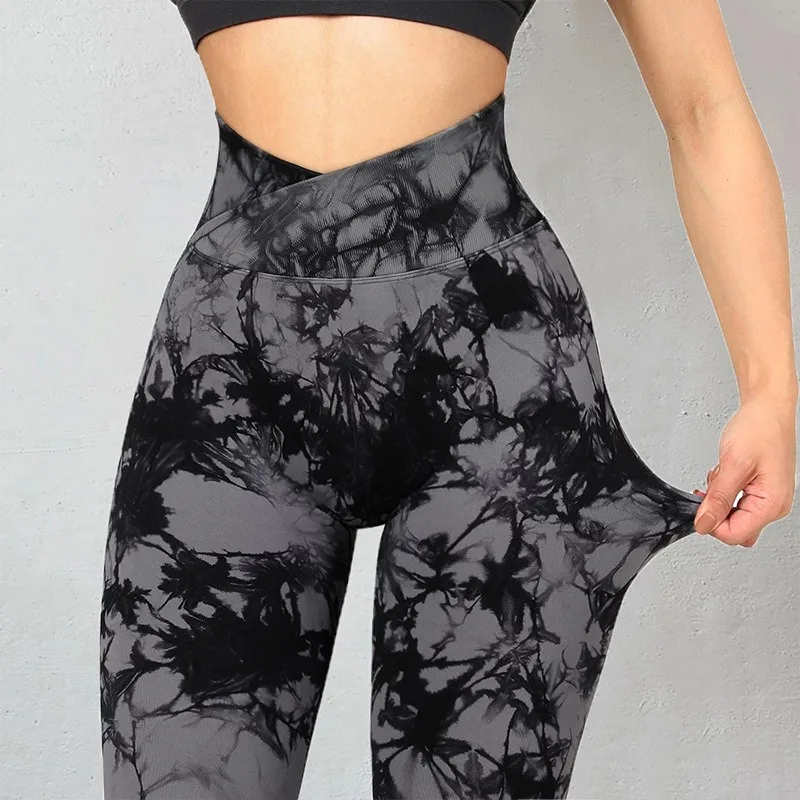 

Women's High Waist Skinny Yoga Pants, Cross Tie, Dyed Printed, Buttocks Lifting, Sports Trousers, Fitness