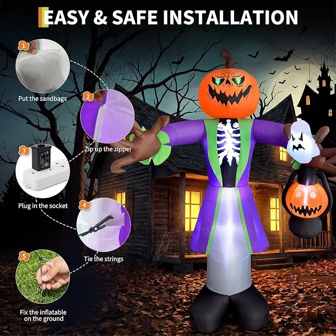 7.9FT Halloween Yard Inflatable Pumpkin Zombie with Lantern For Party