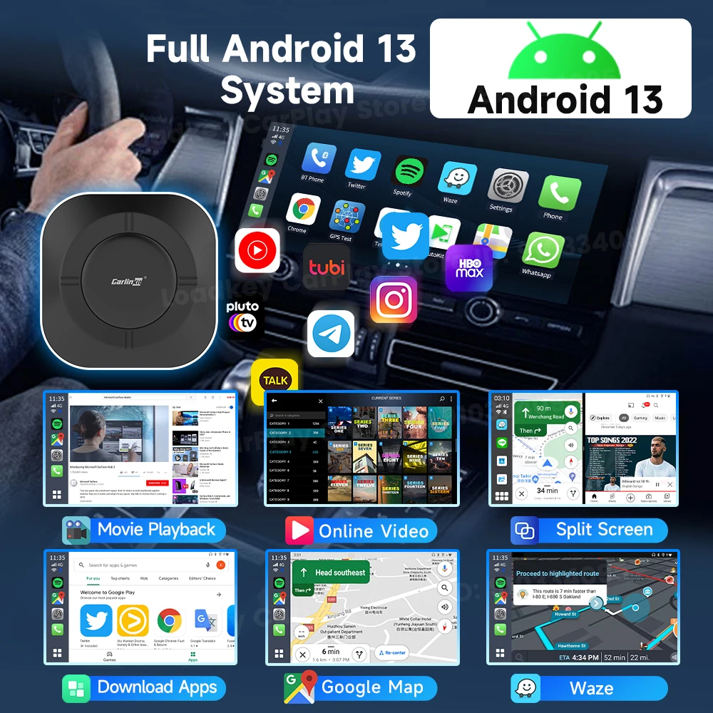 CarinKit Android 13 Carplay Ai Box Ambient 8 Core Wireless Android Auto Adattatore 3 in 1 Streaming Video Supporta Scheda SD da 512 GB