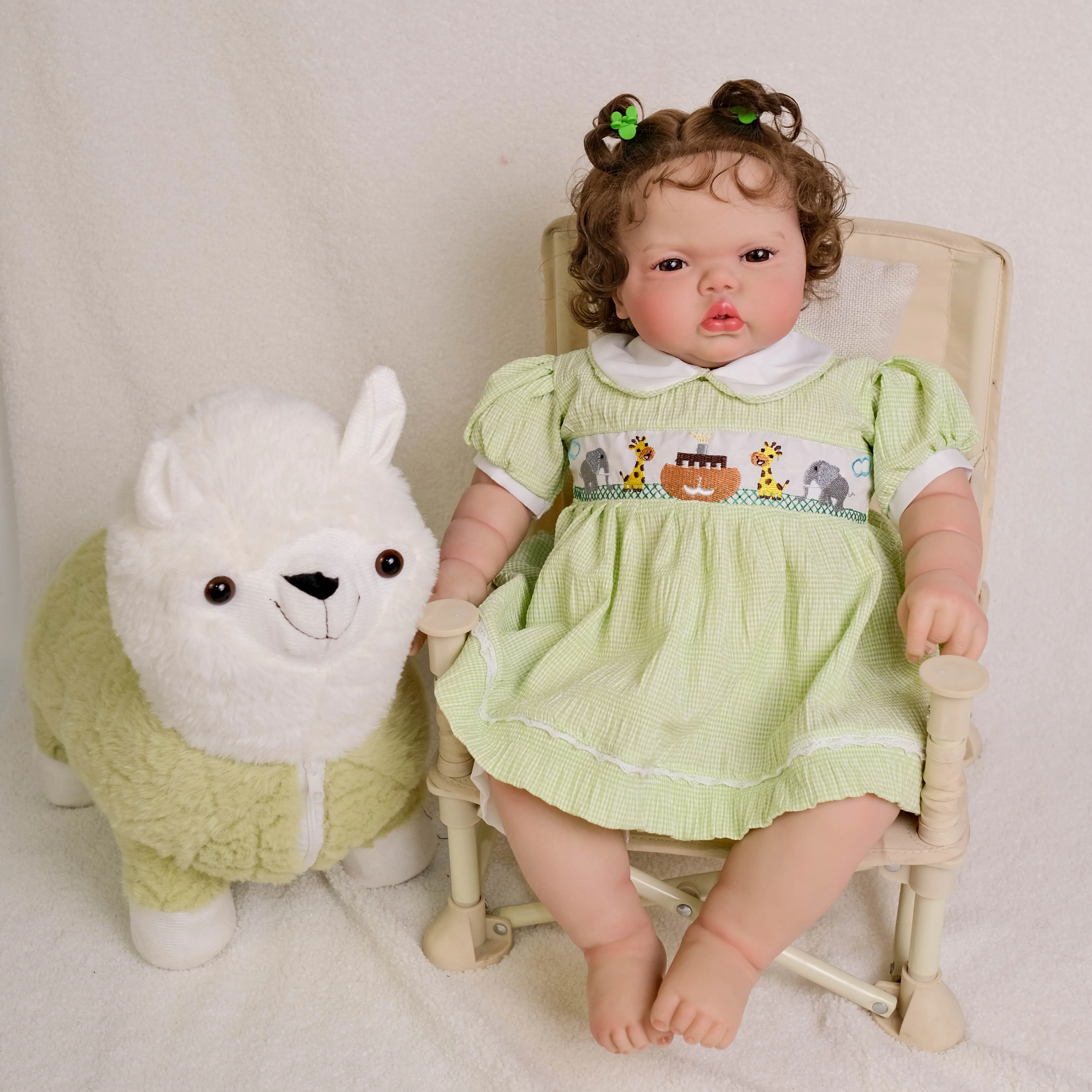 FBBD  24Inch pickle Girl Awake in Soft Cloth Body Lifelike Reborn Toddler Hand Rooted Curly Brown Hair Cuddly Baby Doll Baby