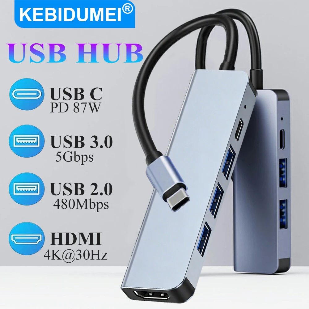 KEBIDUMEI 5 in 1 USB C Docking Station Type-C To HDMI-Compatibility HUB Multi port Splitter PD Charging USB Adapter For Laptop