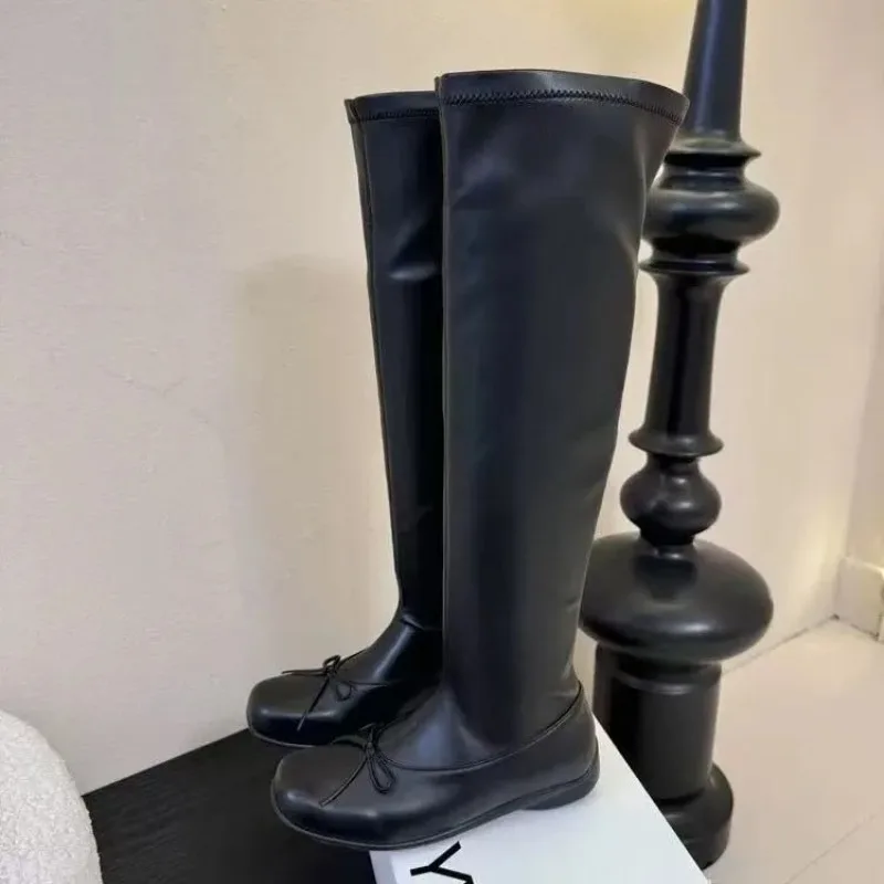 Women Soft Leather Elastic Long Boots Square Toe Thick High Heel Bow Decoration Fashion Outdoor Daily Casual Heeled Footwear