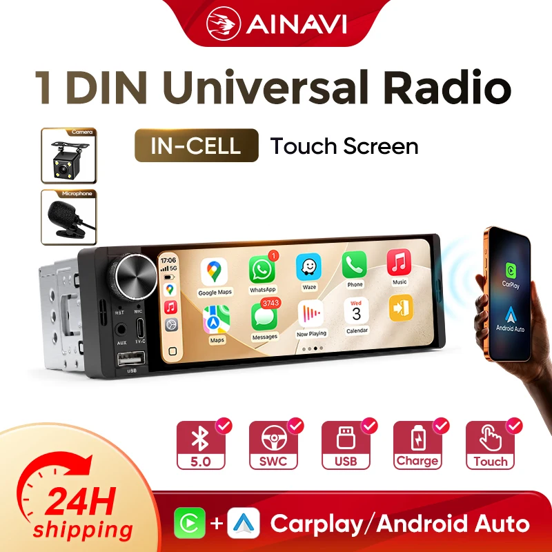 AINAVI 1 Din 6,36 Pollici Universale Carplay Wireless Android Auto Sistema Linux Stereo Auto Bluetooth Audio Auto Display Auto Infotainment Sistemi Intelligenti per Auto One DIN