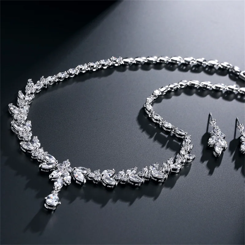 ZAKOL Luxury Exquisite Marquise Cut Cubic Zircon Leaf Necklaces For Women Fashion Bridal Wedding Party Jewelry Accessories