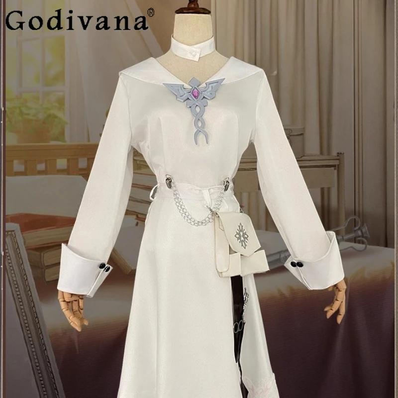 النساء أنيمي الملابس حزب البدلة الهوية الخامس إميلي داير الطبيب تأثيري فستان أبيض مجموعة فتاة الحجاب هالوين كرنفال الزي الرسمي