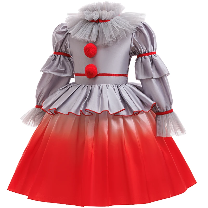 Halloween Costume Girl Scary Joker Cosplay Costume Kids Carnival Horror Movie Role Play Long Sleeve Clown Princess Dress