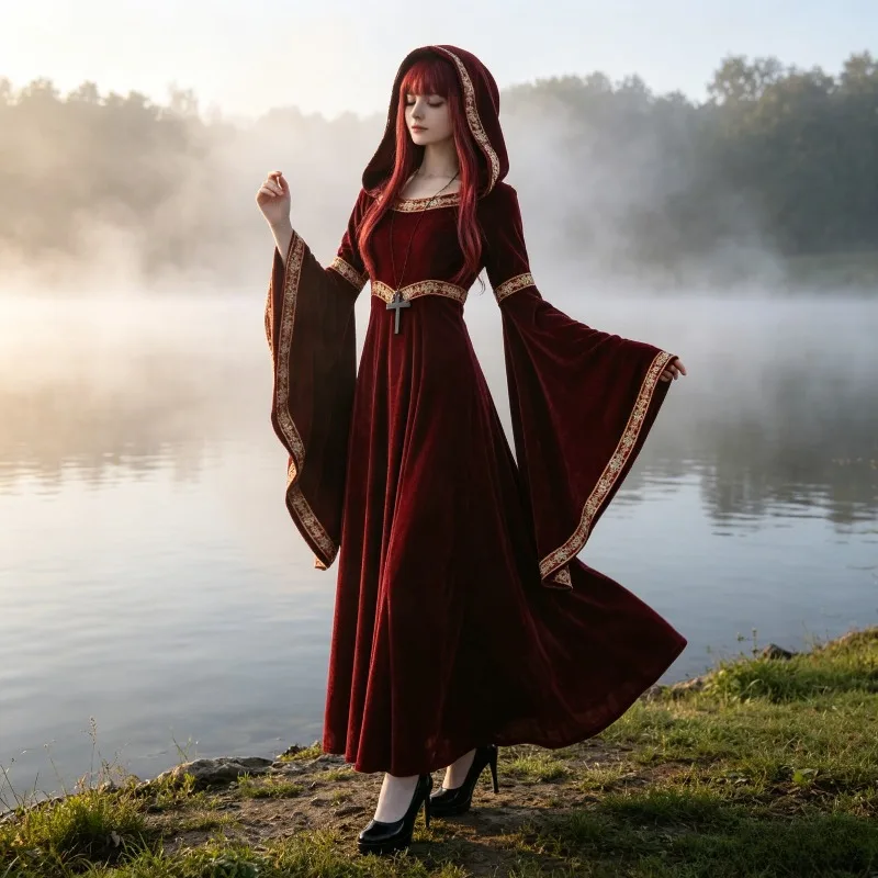 

Adult Medieval Retro Palace Dress, European Style Big Swing Hooded Long Sleeved Long Skirt, Castle Photo Taking Check-in