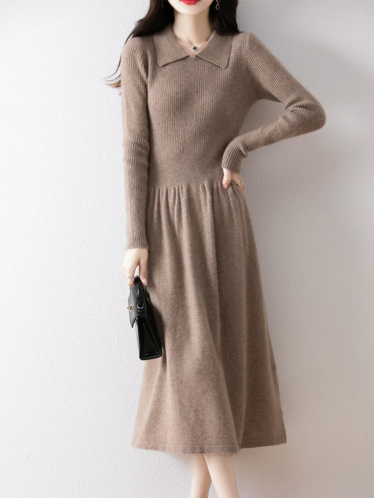 Women Polo Collar Sweater Cashmere Dress Autumn Winter 100% Merino Wool Knitwear Office Lady Long Sleeve Pullover A-Line Skirts