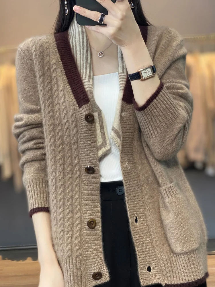 Addonee Women V-neck Cardigan Autumn Winter 100% Merino Wool Sweater Vintage Twist Flower Long Sleeve Knitwear Korean Fashion