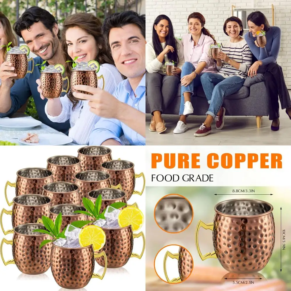 

12-Piece Moscow Mule Set - 16 oz Antique Bronze Hammered Copper-Plated Stainless Steel Cups for Cold Beverages