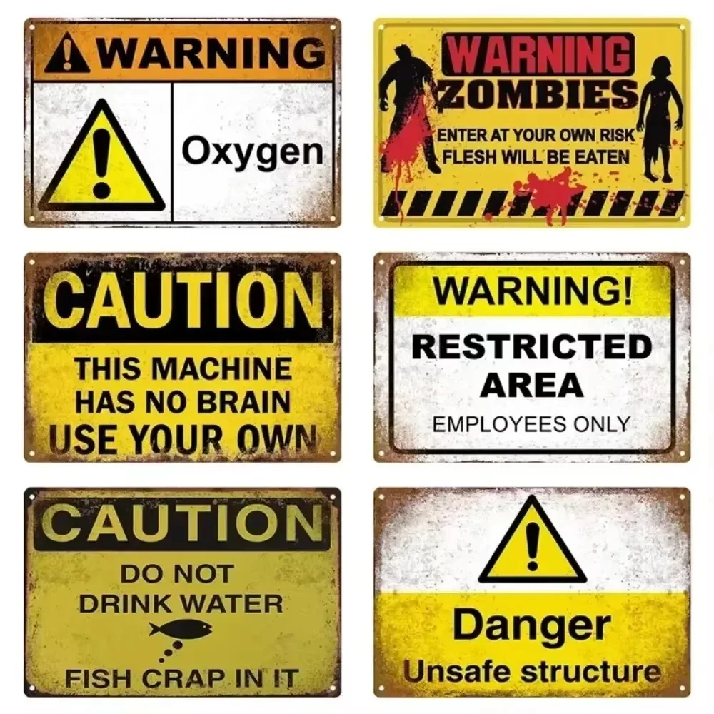 CIFBUY Vintage Warning Signs Metal Plaque Set  Electric Shock Retro Tin Poster for Garage Workshop Deco