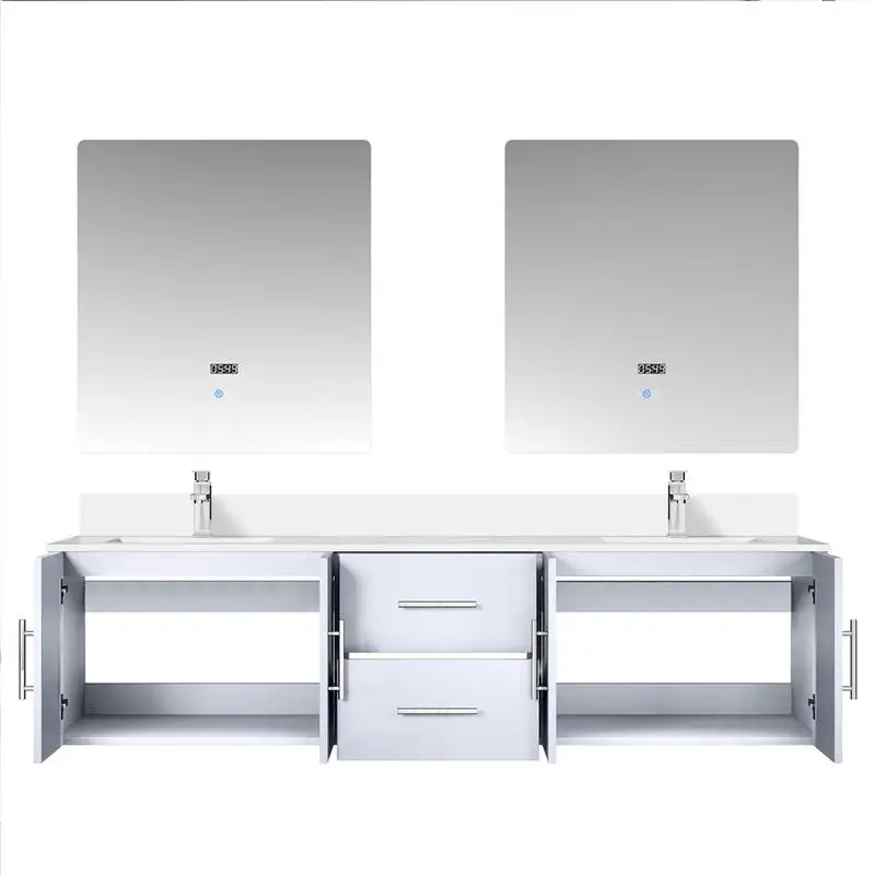 Vanité de bain double blanc brillant de 72 pouces avec profondeur de 22 pouces, plateau en marbre de culture, ensemble de robinets et miroirs LED de 30 pouces
