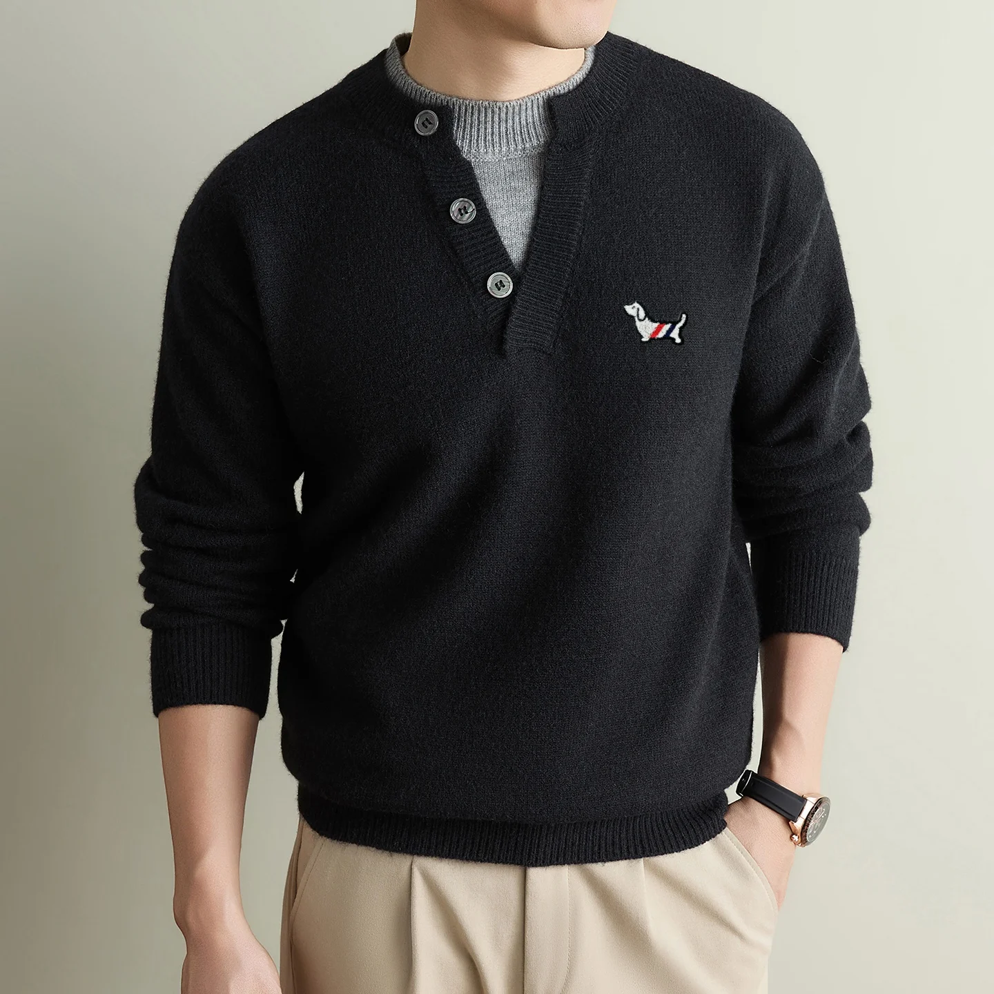High end Brand Men's Knitted Sweater New Fashion fake two-piece knitted comfort cartoon dog embossed casual round neck pullover