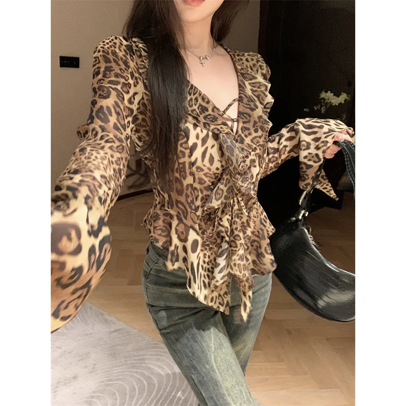 Y2K Leopard Print Slim Irregular Shirt Tops Spring Summer New Long Sleeve Printing Sexy Blouse Vintage Fashion Women Clothing