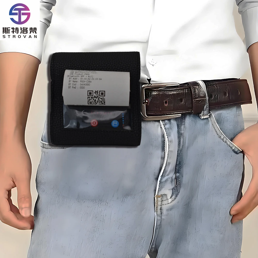 80mm Pocket Thermal Label Printer Wireless Bluetooth Portable Mini Bill Printer with Leather Case for Mobile Phone