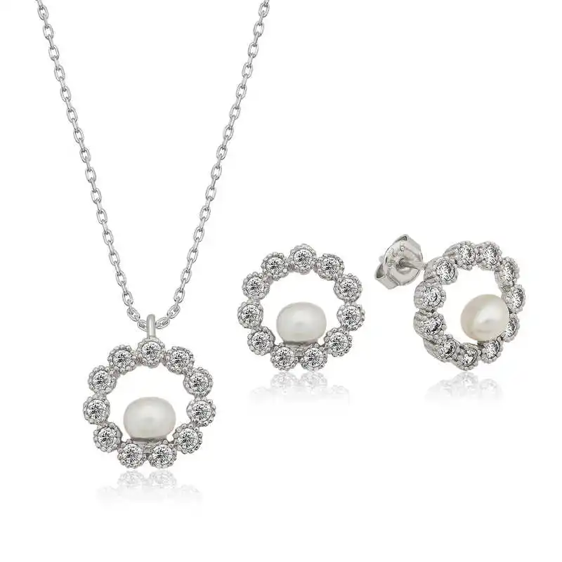 Silver With Pearl Ring Decorated Women 'S Set