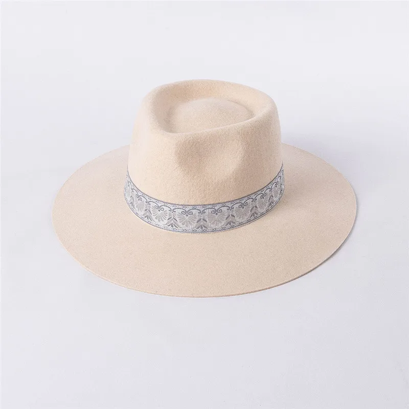 USPOP 2022 New Autumn Vintage Embroidered Ribbon Wide Brim Wool Jazz Fedoras Winter Women Wool Hats