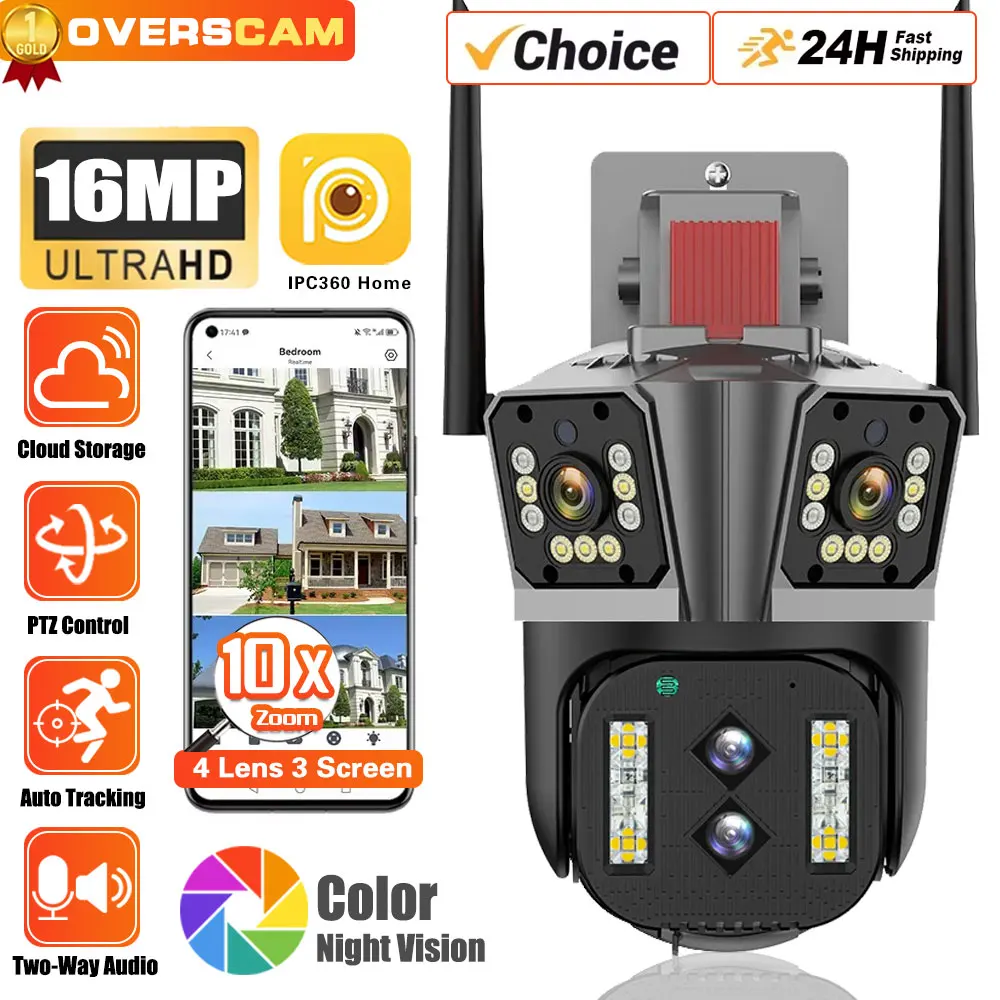 

16MP 8K WiFi Security Four Len Three Screens 10X Zoom Outdoor PTZ Video Cameras Auto Tracking 6K Waterproof Surveillance IPC 360