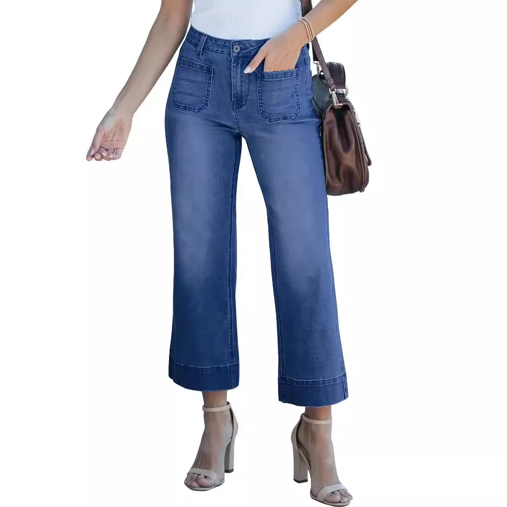 Women Jeans Straight Trousers Denim Mid Waist Loose Fit Pockets Basics Ankle Length Pants Solid Color Denims 2024 Casual