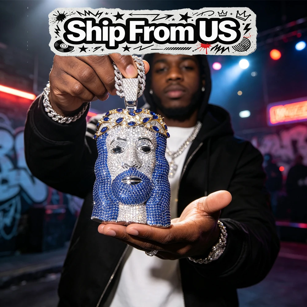 18K Gold Plated Crown Jesus Head Medallion Charm Iced Out Blue Jesus Face Pendant Hip Hop Men Jewelry Micro Pave CZ Medallion Bling Full Diamond Religious Necklace Street Rap Accessory Club Party Rapper Fine Jewelry Gifts for Men Boy Friends