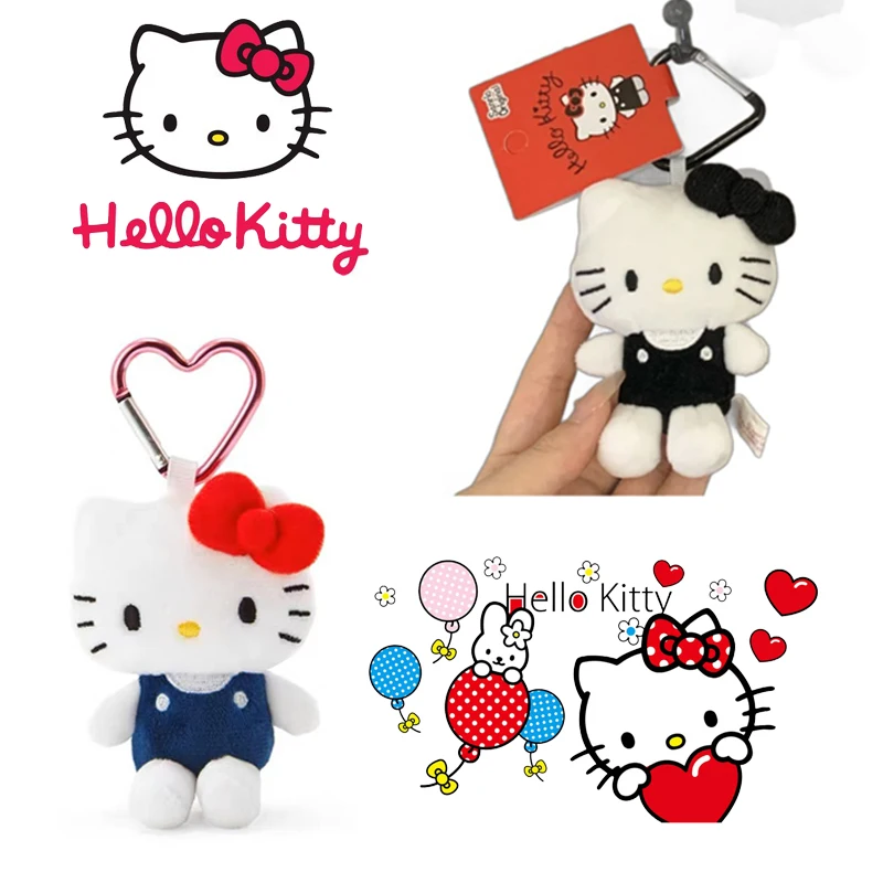 Kawaii Black White Hello Kitty Plush Doll Y2K Creative Heart-shaped Keychain Cartoon Backpack Pendant Decoration Children Gift