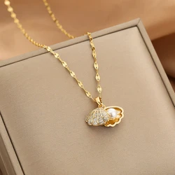 New Korean Openable Shell Pearl Necklace for Women Micro Inlaid Rhinestone Copper Pendant Clavicle Chain Wedding Party Jewelry