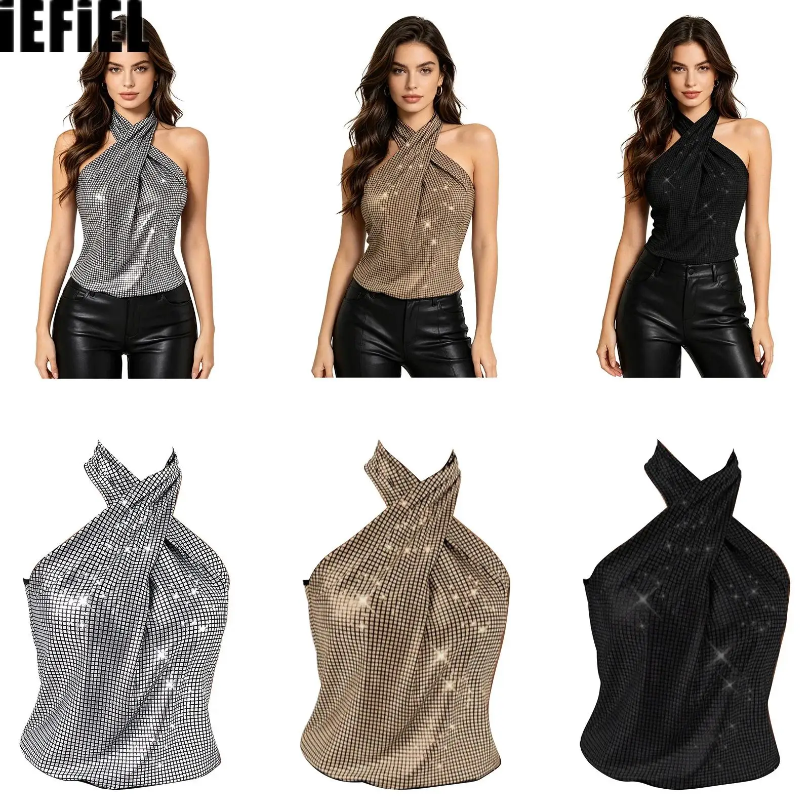

Women Metallic Shiny Sequins Halter Tank Top Front Crossing Sleeveless Stretchy Vest Fashion T-shirt for Dancing Party Nightclub