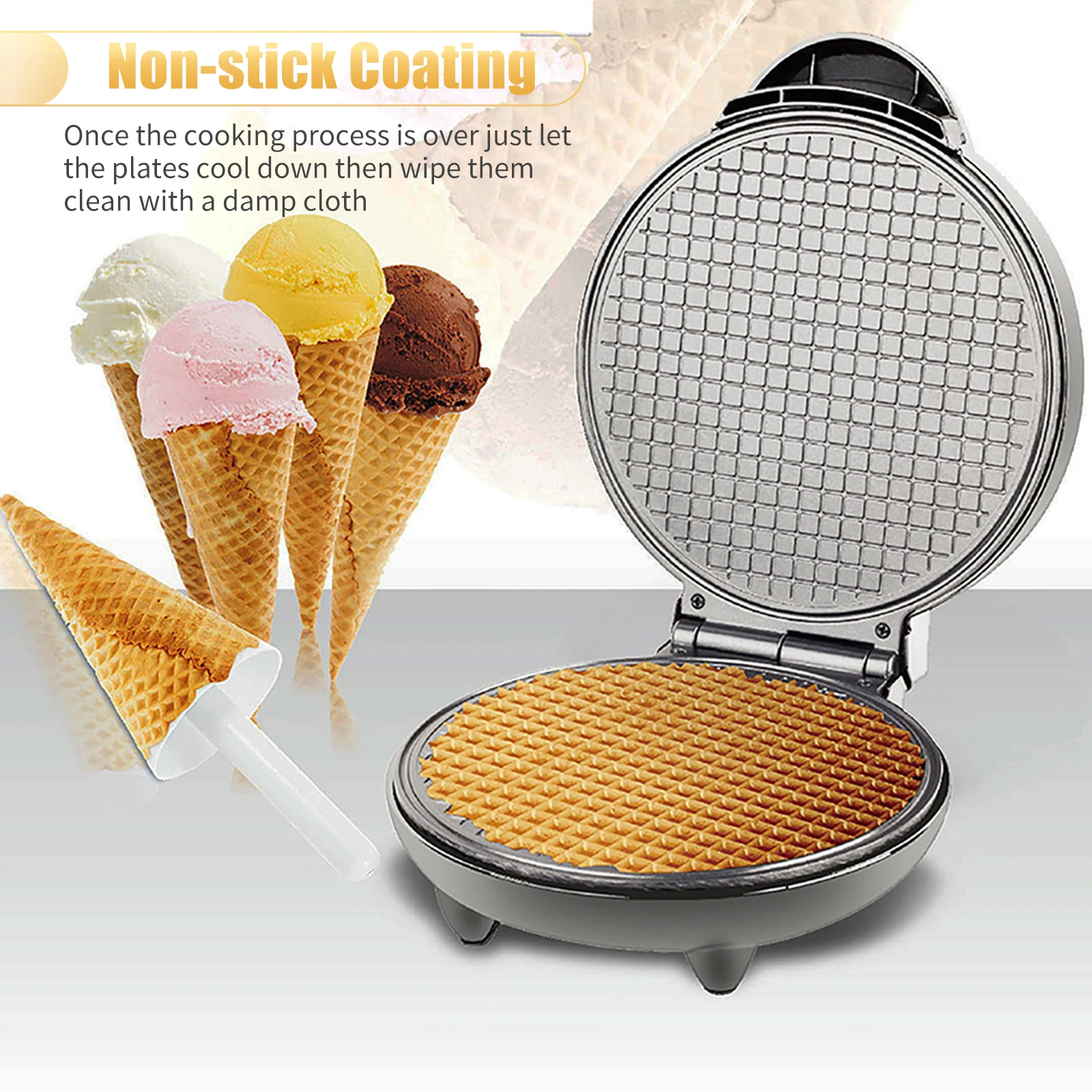 1200W DIY Electric Ice Cream Cone Maker With Roller Waffle Cone and Bowl Maker Nonstick Waffle Baking Iron Machine for Breakfast