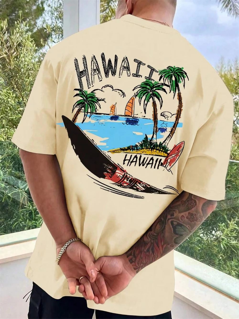 

2025 летняя мужская хлопковая повседневная свободная футболка с праздничным пляжным принтом, спортивная удобная футболка с круглым вырезом и короткими рукавами, удобный топ