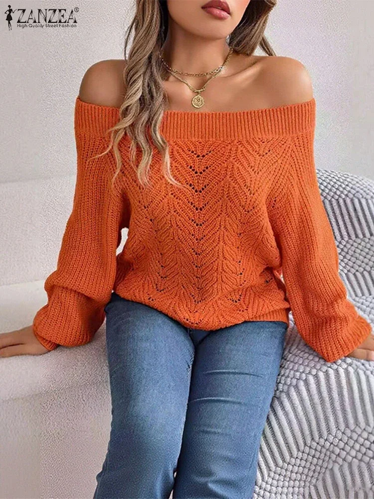 2023 ZANZEA Stilvolle Herbst Lange Laterne Hülse Gestrickte Pullover Frauen Pullover Pullover Winter Elegante Casual Slash Neck Jumper