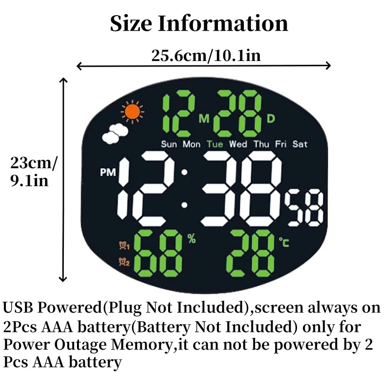 Wetterstation Große Digitale Wanduhr TEMP Luftfeuchtigkeit Datum Woche Nachtmodus Tischuhr 2 Alarme 12/24H USB LED Wecker – Detail 1