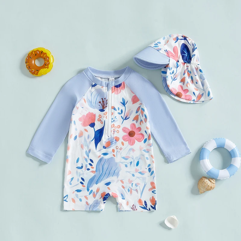 

Toddler Girls Long Sleeve Swimsuit Floral Print Half Zipper Non-Pilling Rash Guard Swimwear with Sun Hat Kids Infant Beachwear