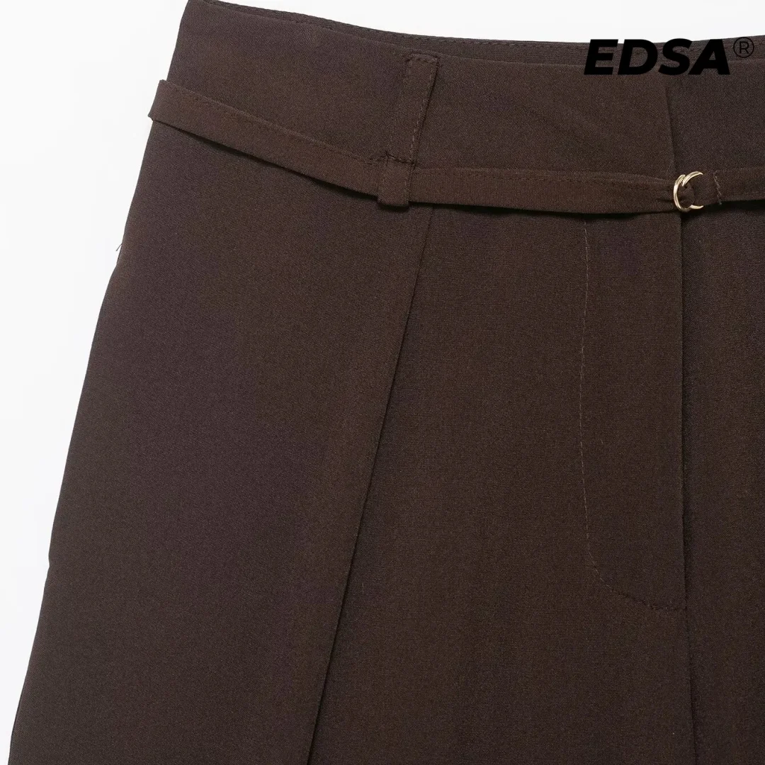 EDSA Women Wide-Leg Loose Trousers with Thin Belt High Waist Solid Color All-Match Long Pants