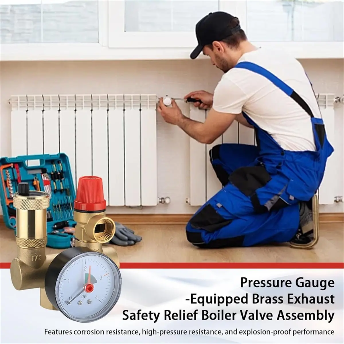Safety Group Pressure Relief Valve Boiler, DN25 Brass Quick Bleeder with Pressure Gauge for Home,Hotel,Heating System