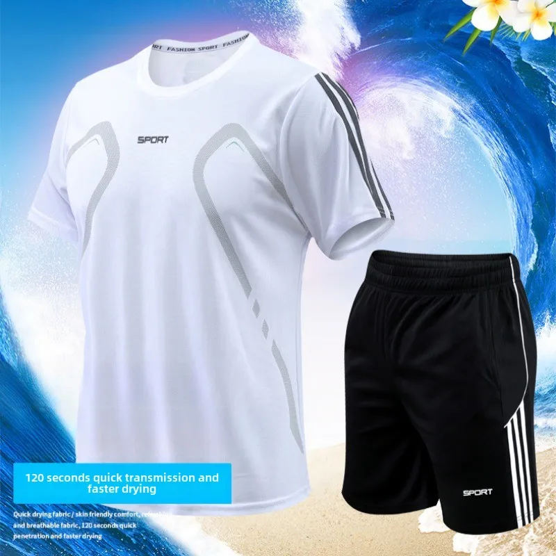 

Summer Sports Running Two Piece Sets Men Ice Silk Quick Dry Round Neck T Shirts Shorts Man Brand Casual Gym Training Suit Men