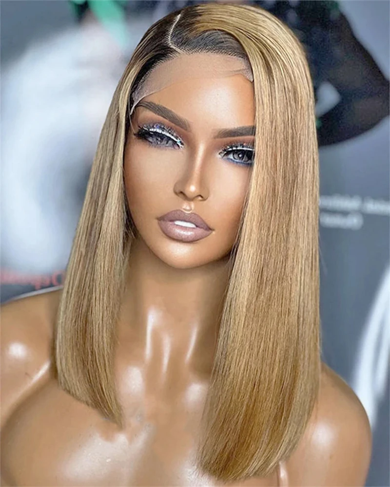 

16 Inch Long Straight Wig Dark Rooted Synthetic Natural Hairline Wig For Women Golden Brown Wig Cosplay Wig Synthetic Wig