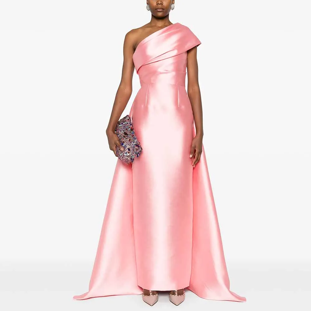 

Fashion Women's Evening Ball Gowns Satin Sheath/Column Graduation Dress Pink One-shoulder Pleat Cape Special Occasion Dress Maxi