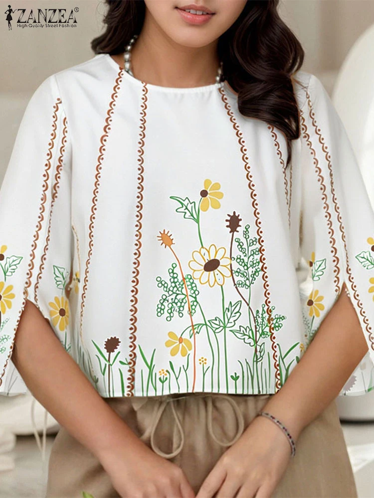 

Summer Floral Print Women Blouse ZANZEA Fashion 3/4 Sleeve O Neck Tops Tee Casual Female Blusas Streetwear Tunic S-3XL