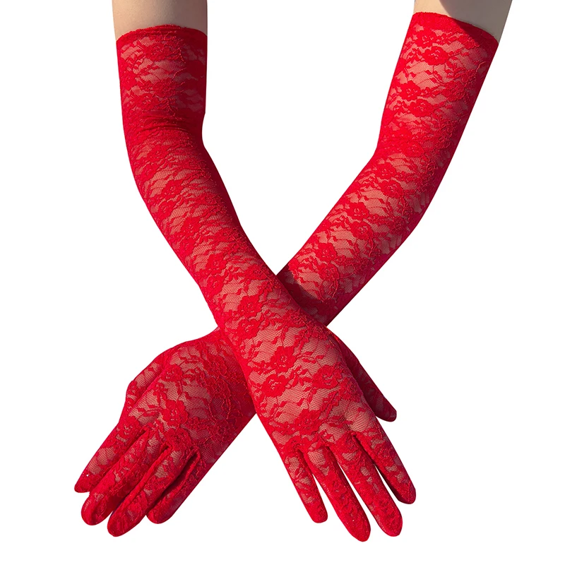 المرأة انظر من خلال الأزهار الدانتيل قفازات طويلة أسود أبيض أحمر مثير الكوع طول القفازات حفل زفاف مساء قفازات الملحقات