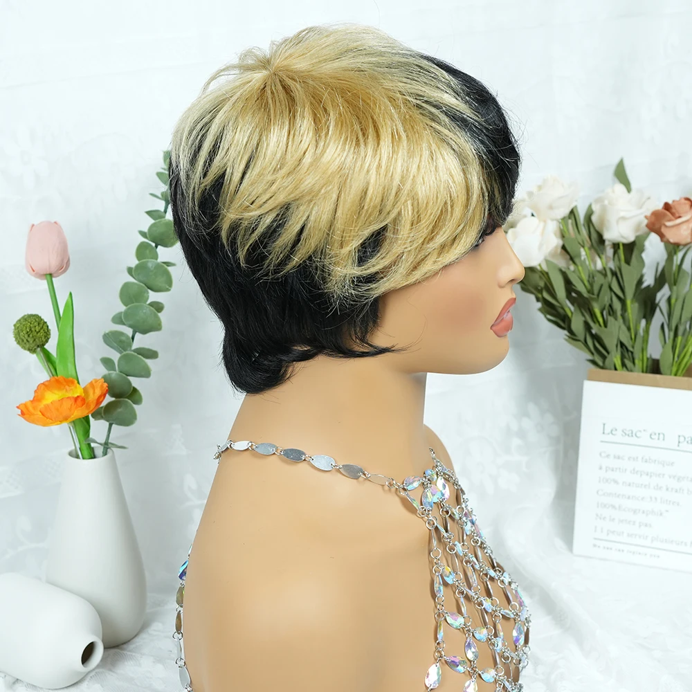 1B/27 Short Pixie Cut Wig with Bangs for Women